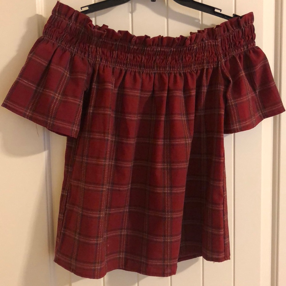 Off The Shoulder Plaid Top in Red
